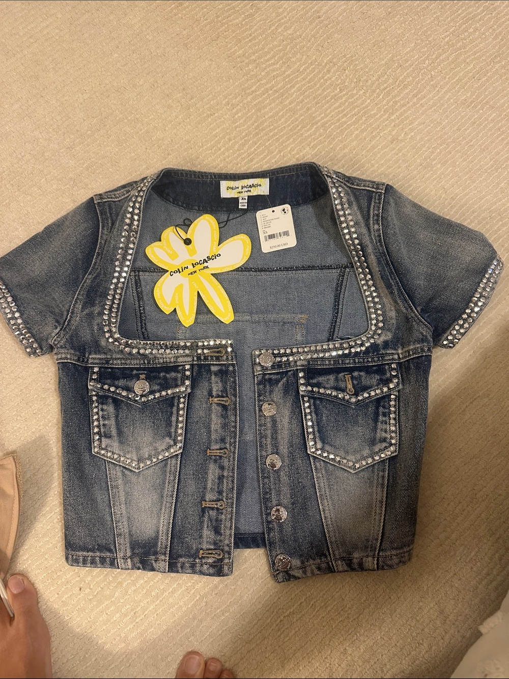 Colin Locasio ' Blue Denim Short-Sleeve Jacket top with Rhinestone Trim.